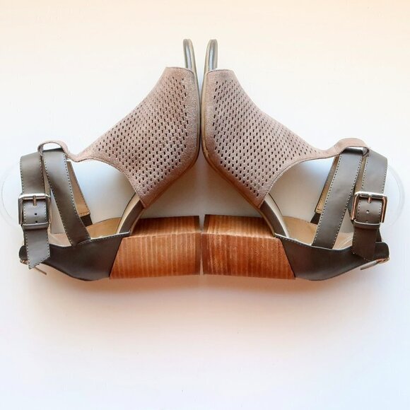 Marc Fisher Taupe Laser-cut Suede Leather Peep Toe Block Heel Ankle Strap Sandal - Picture 10 of 16